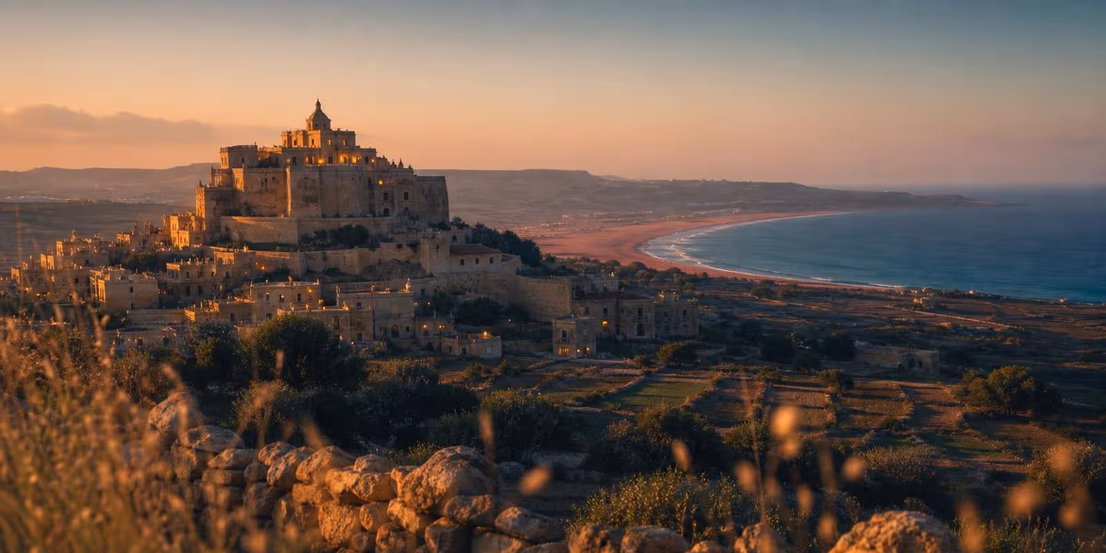 Zitadelle auf Gozo ueber Feldern, dahinter eine Bucht mit rotem Sand am blauen Meer.