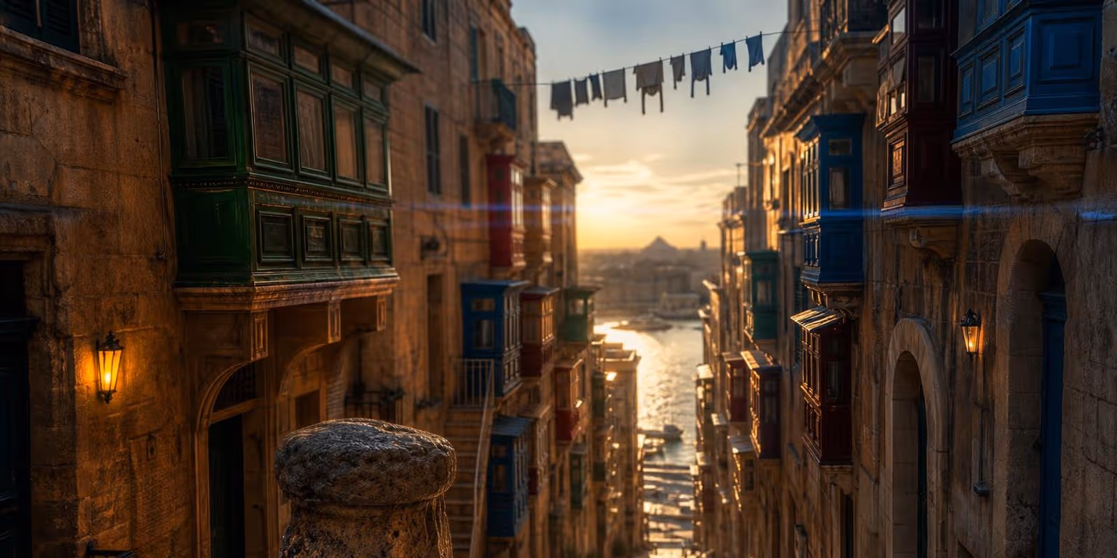 Steile Kalksteingasse in Valletta mit bunten Holzbalkonen und Blick zum Hafen.