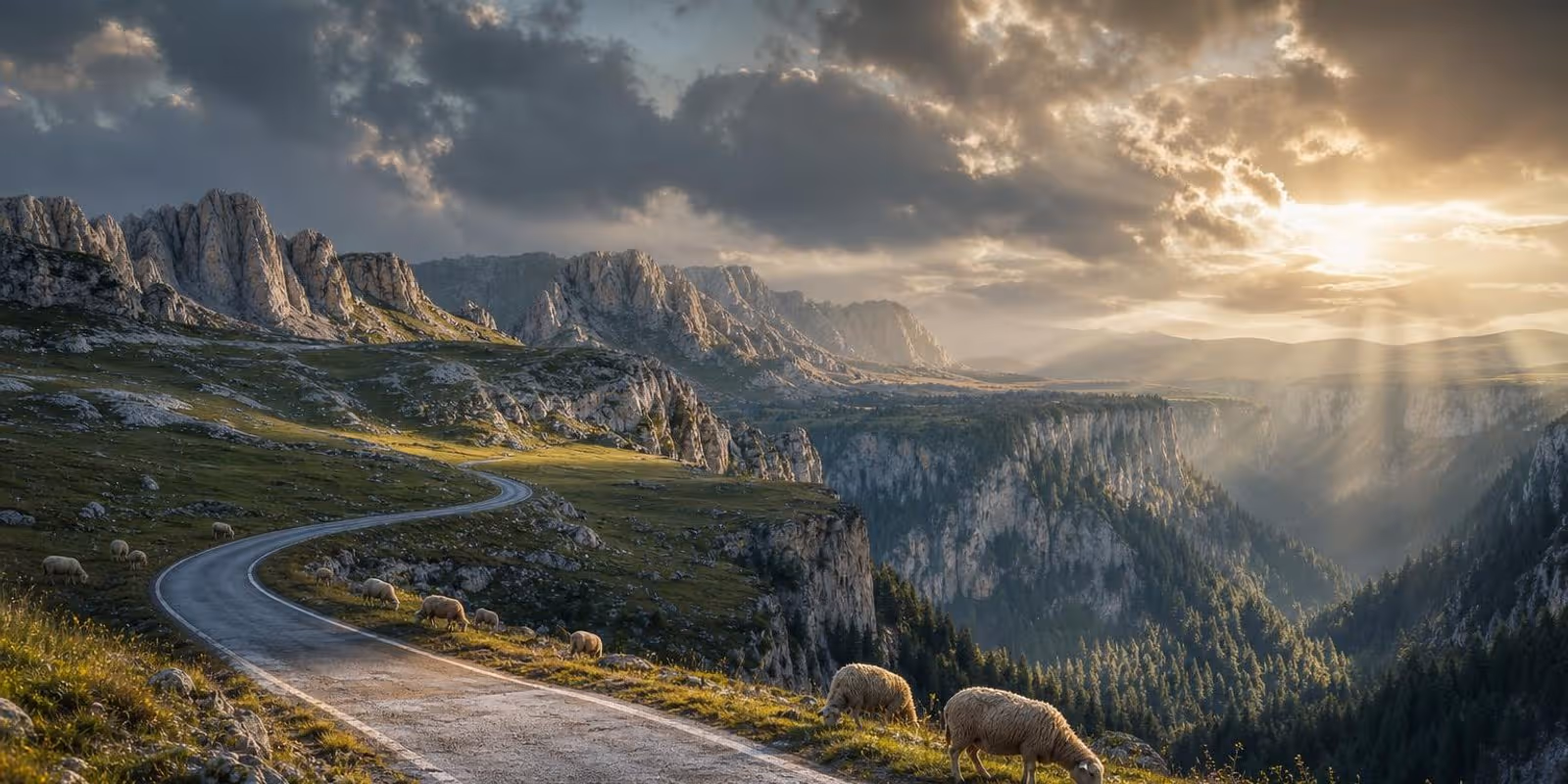 Panoramastrasse fuehrt ueber das Durmitor-Hochplateau, dahinter oeffnet sich die Tara-Schlucht.