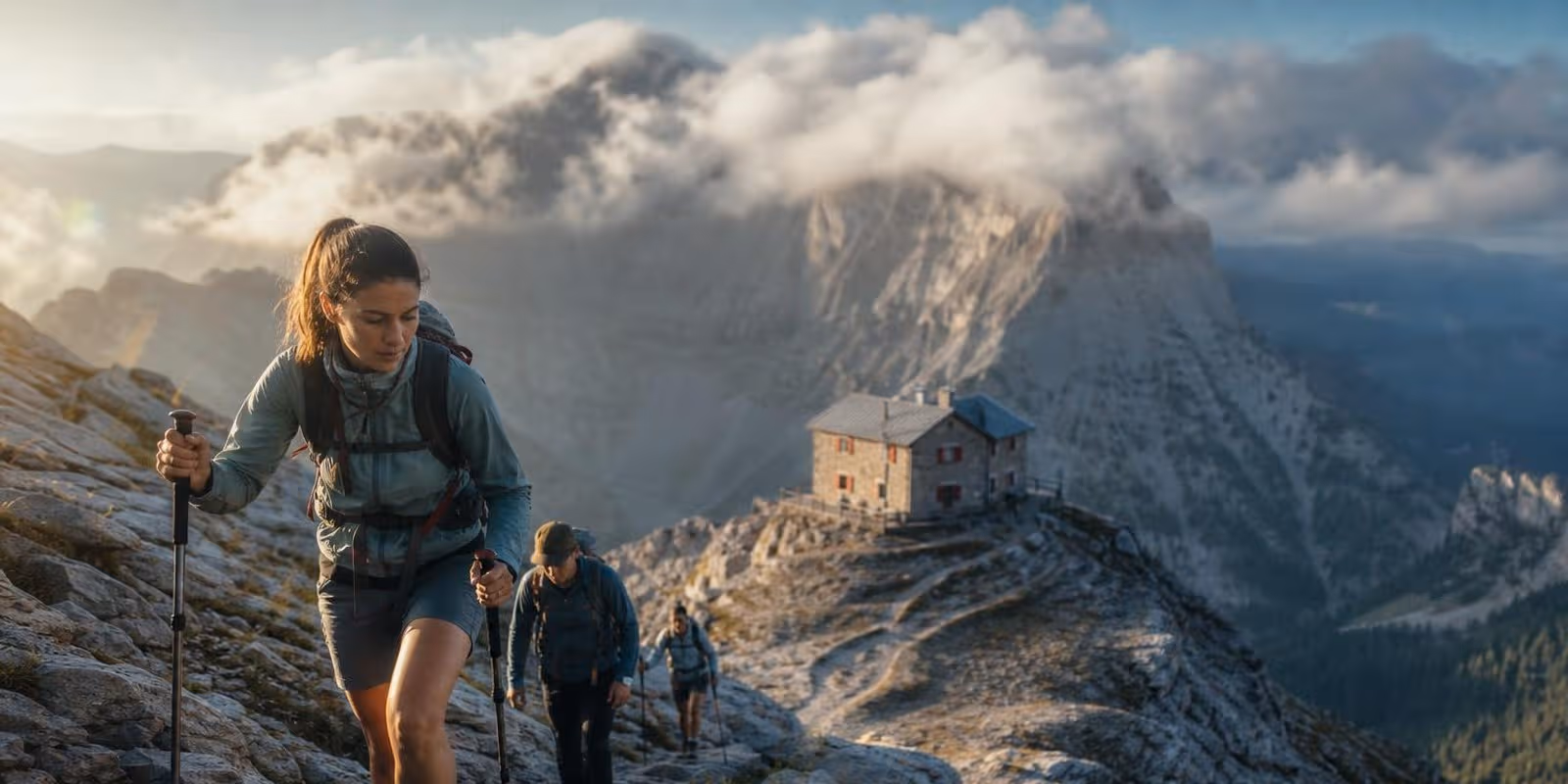Wanderer steigen auf steinigem Pfad am Olymp empor, unter ihnen liegt eine Berghuette, oben ziehen Wolken.