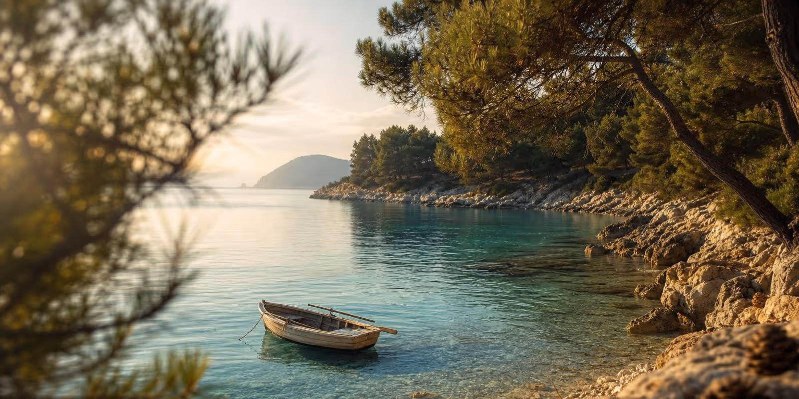 Kleine tuerkise Bucht auf Sithonia, Pinien neigen sich ueber das klare Wasser.