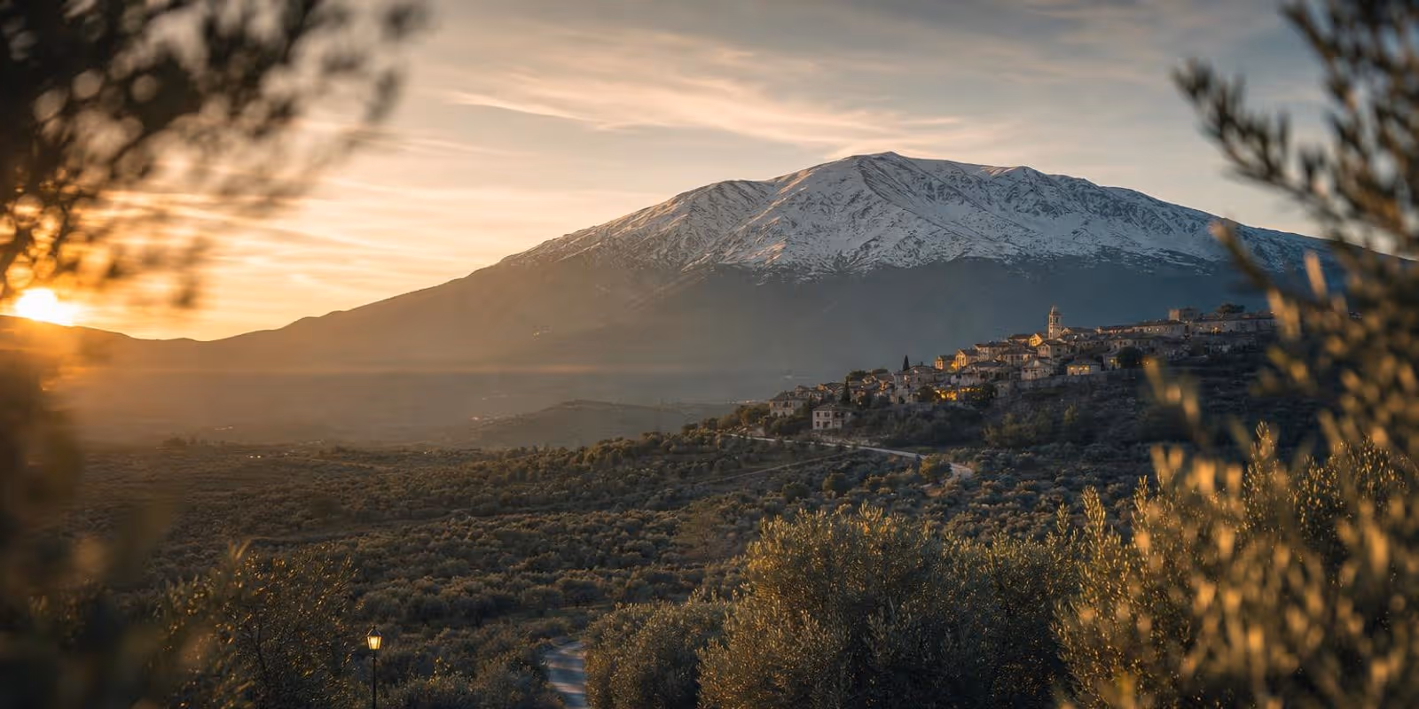 Strasse fuehrt durch Olivenhaine auf einen hohen griechischen Berg zu, ein Dorf liegt am Hang.
