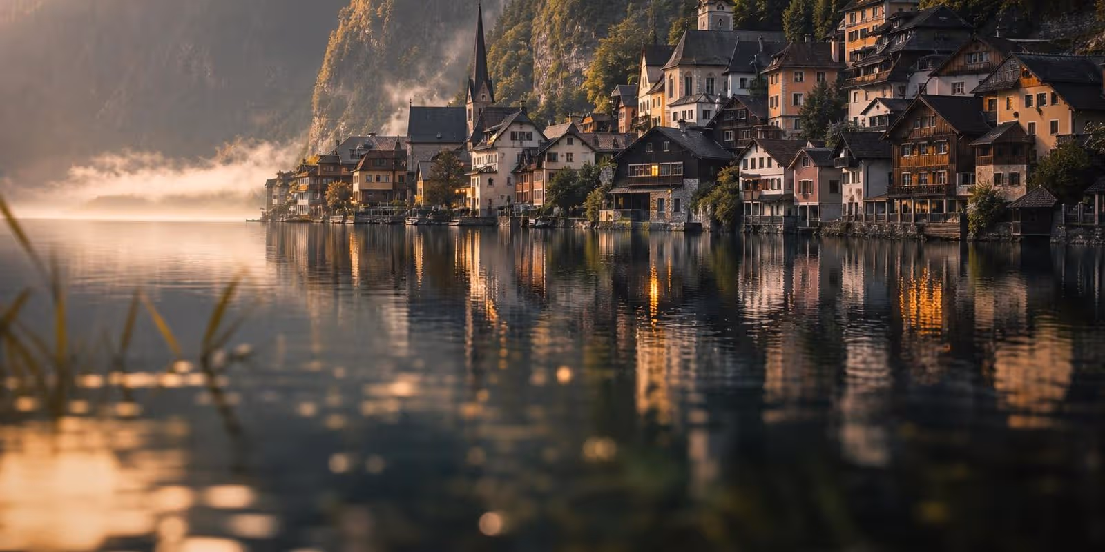 Blick vom See auf das gestaffelte Seeufer-Dorf Hallstatt unter steilen bewaldeten Felswaenden im Morgennebel.