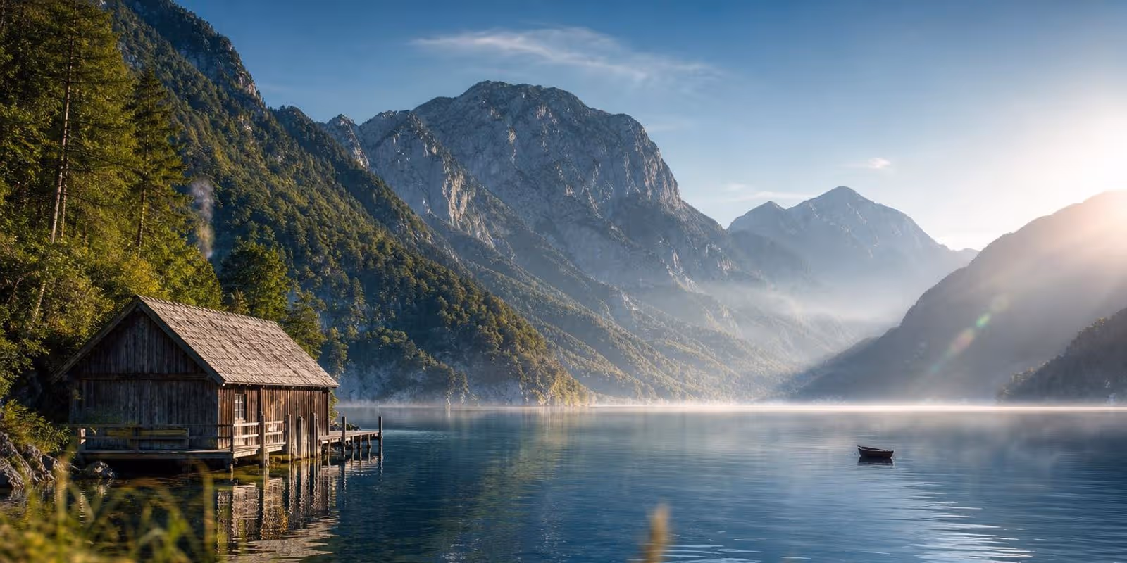 Weiter Blick ueber einen tiefblauen Salzkammergutsee mit bewaldeten Haengen und hellen Felsgipfeln.