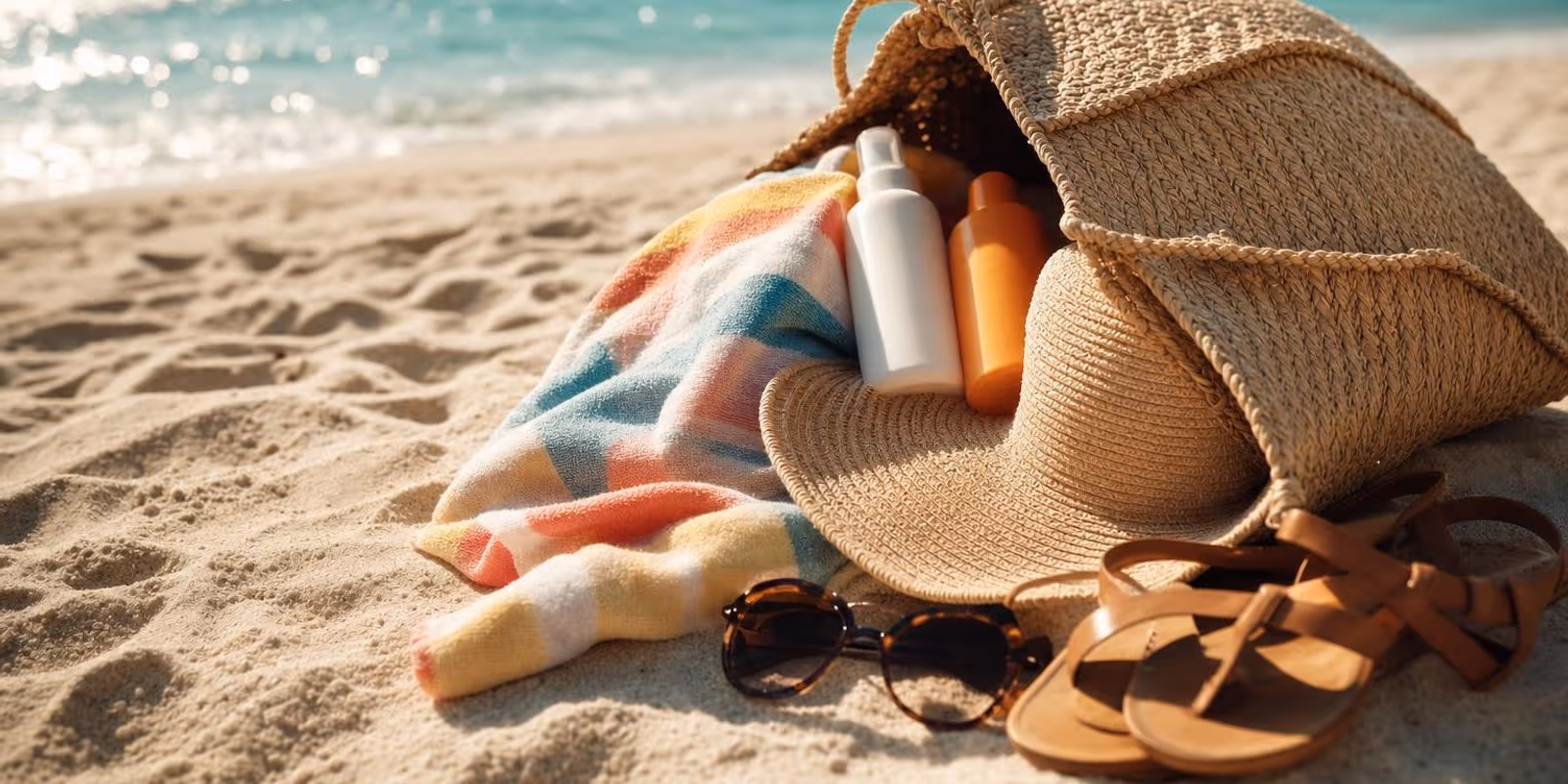 Eine Strandtasche mit Handtuch, Sonnencreme, Hut und Sandalen steht im Sand vor tuerkisem Meer.