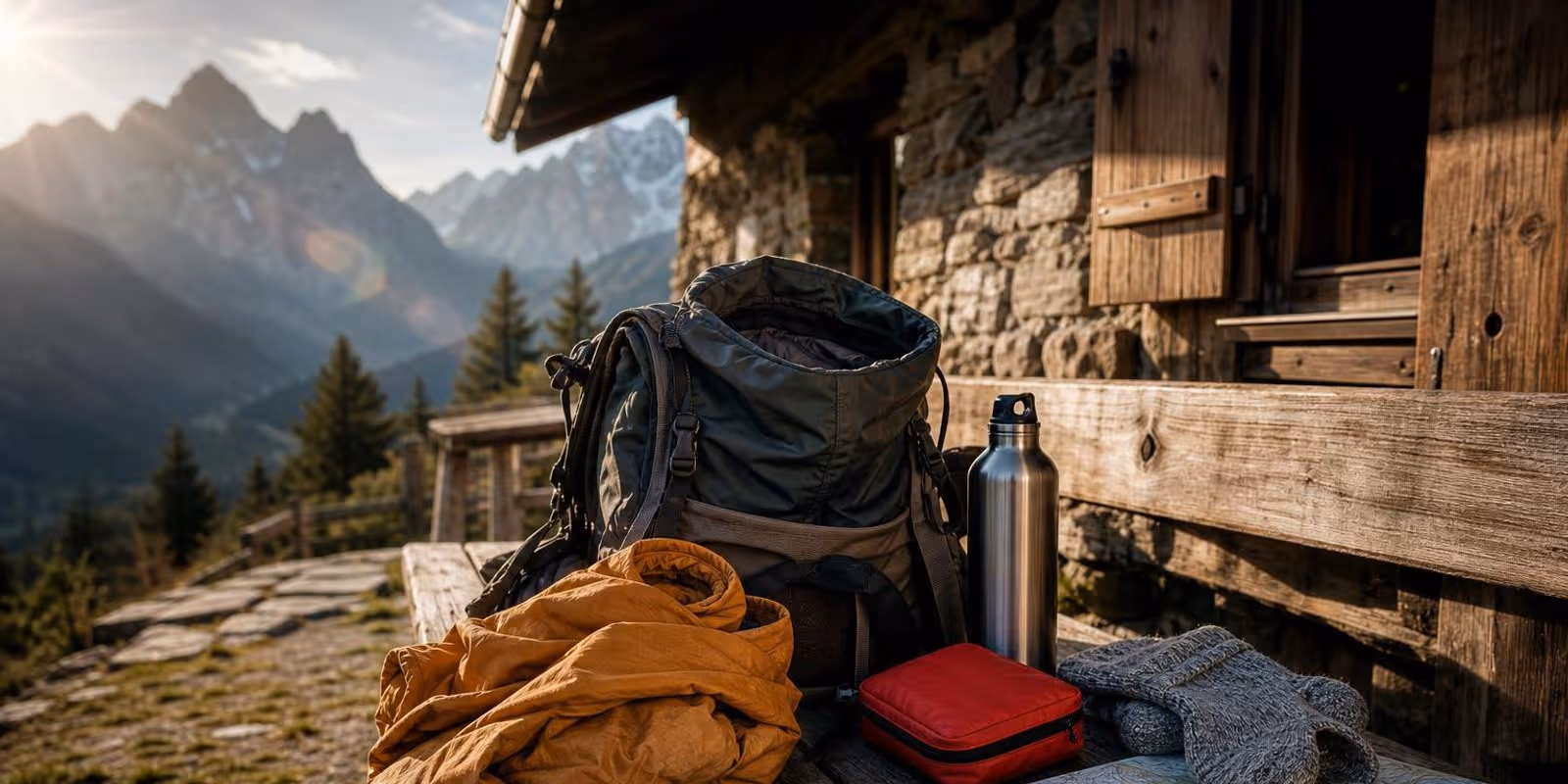 Wanderrucksack wird vor einer Berghuette gepackt, Ausruestung liegt sortiert daneben.