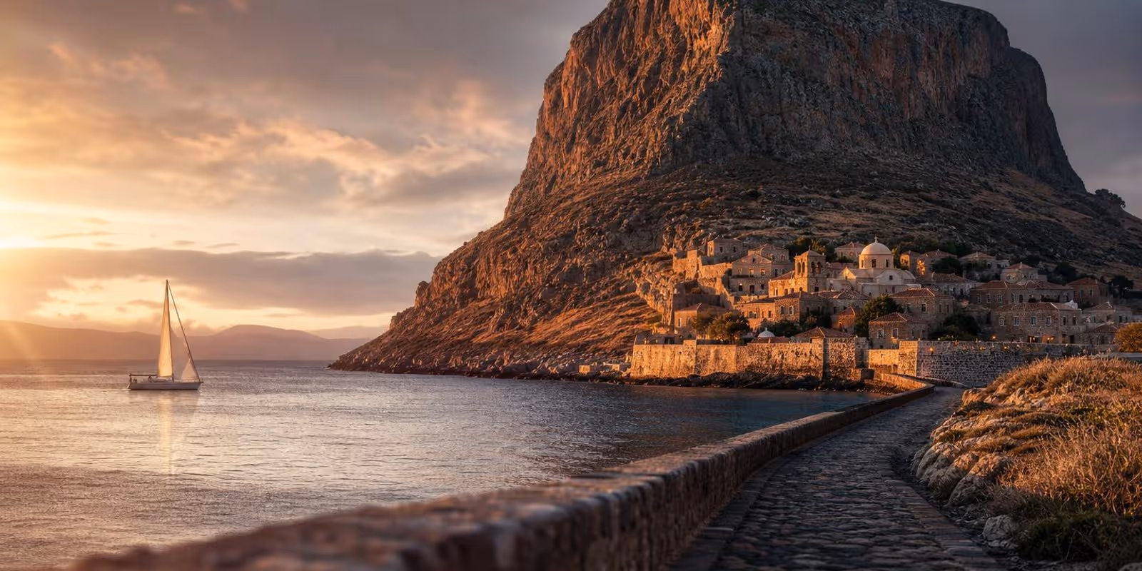 Der Felsen von Monemvasia erhebt sich aus dem Meer, an seinem Fuss duckt sich die versteckte Altstadt.
