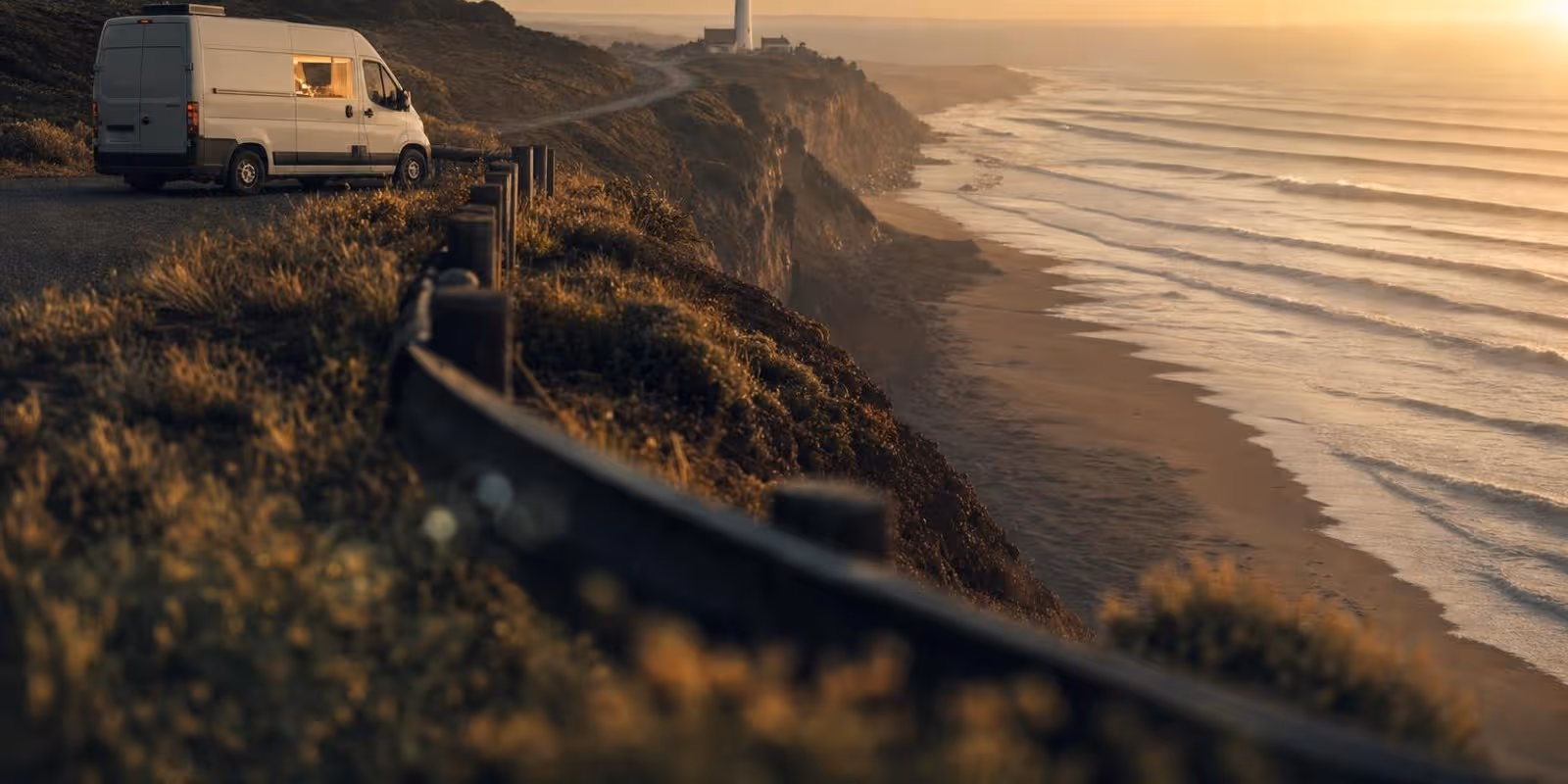 Steile Atlantikklippen mit Leuchtturm und Surferstrand, an der Kuestenstrasse steht ein Campervan am Aussichtspunkt.