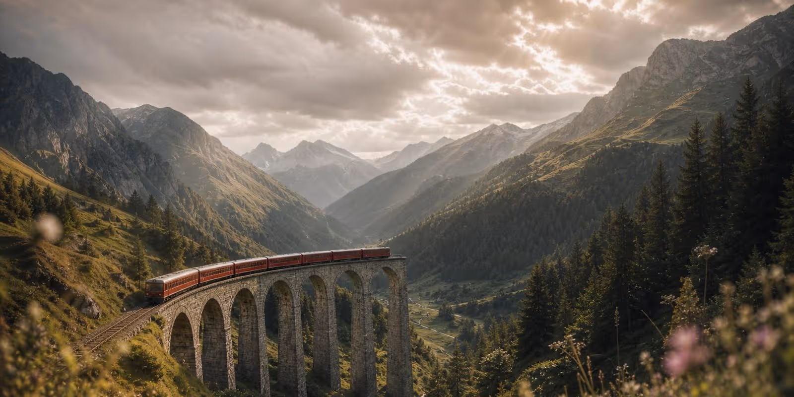 Roter Schmalspurzug faehrt in einer Kurve ueber ein hohes Steinviadukt in einem Alpental.