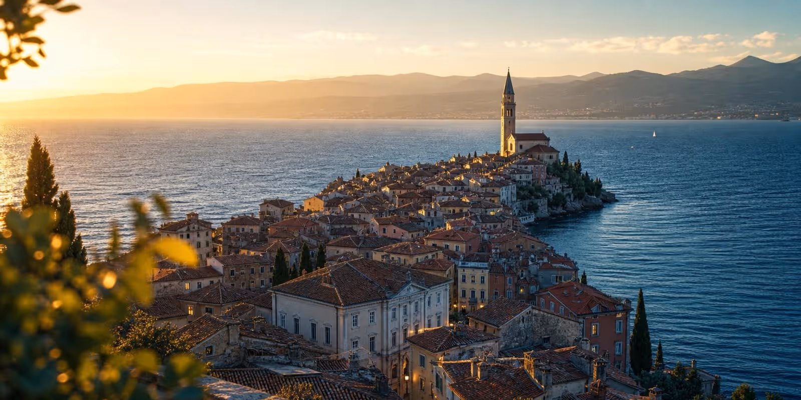 Blick von oben auf die Halbinsel von Piran mit roten Daechern und Glockenturm im Meer.
