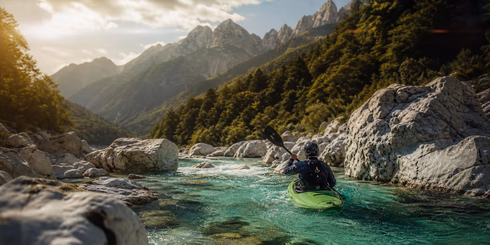 Kajakfahrer paddelt auf dem smaragdgruenen Wasser der Soca zwischen weissen Kalkfelsen.