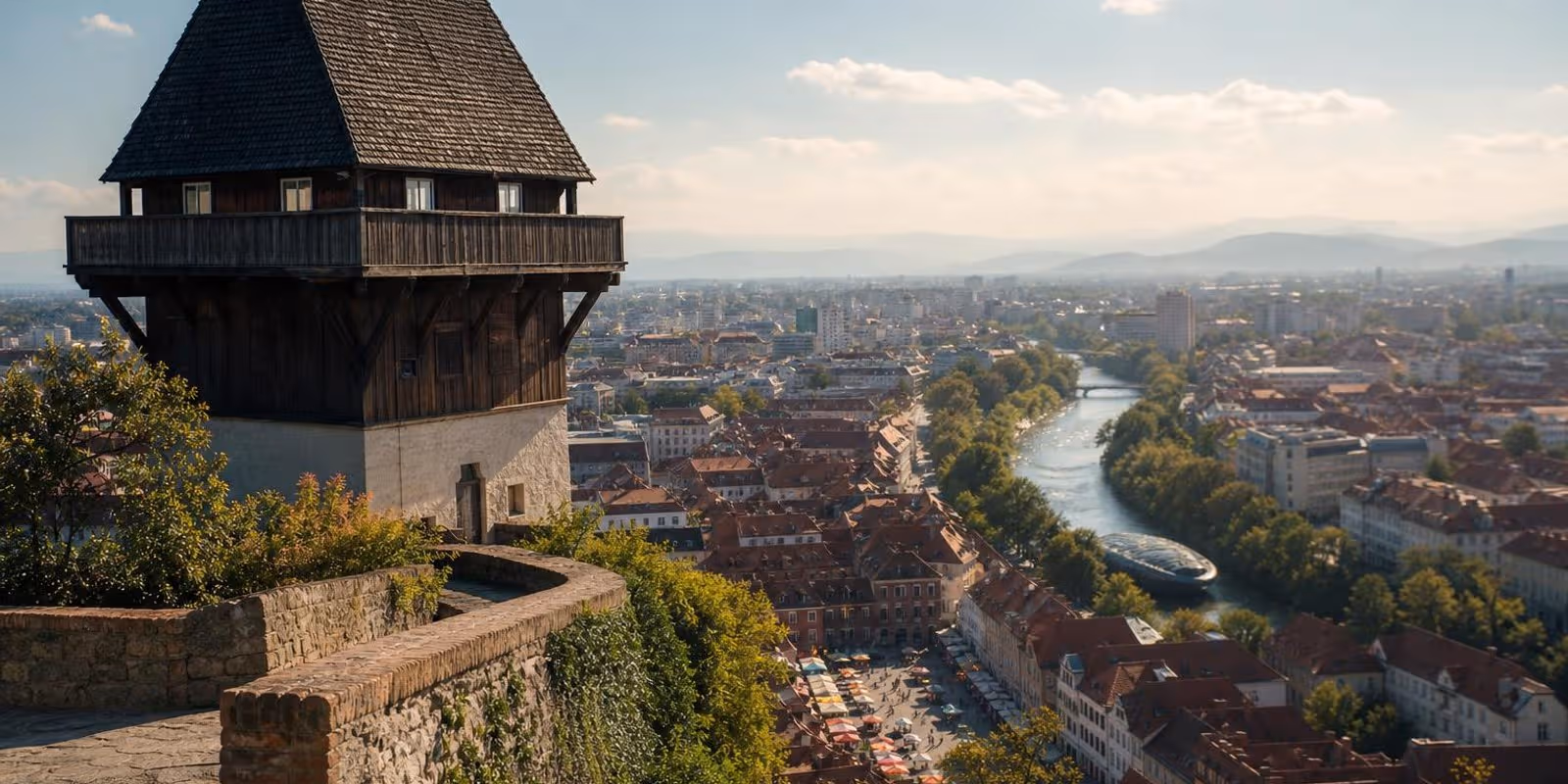 Blick vom Grazer Schlossberg ueber den Uhrturm auf die roten Daecher der Altstadt und den Fluss.