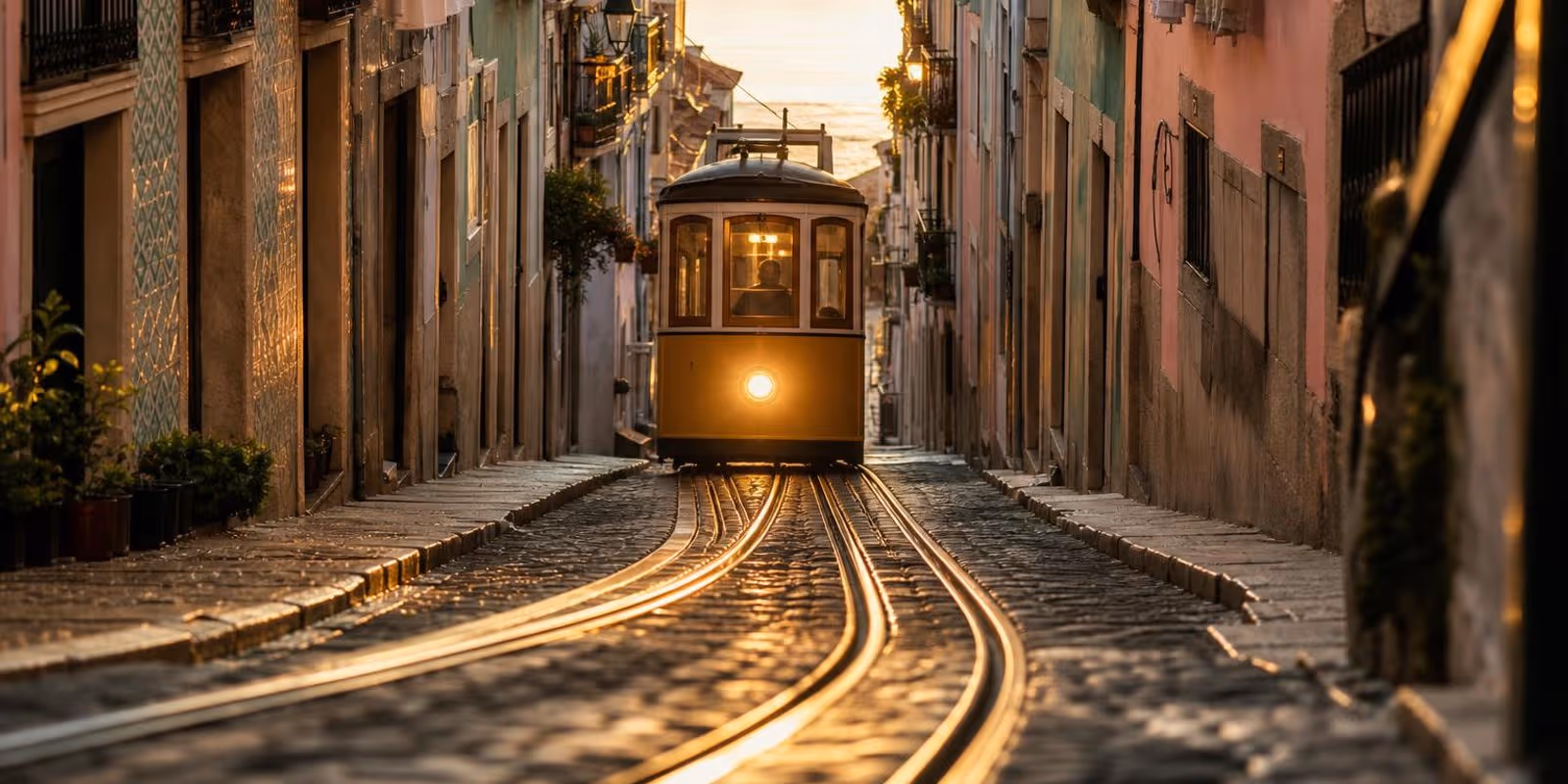 Gelbe Strassenbahn klettert eine steile Gasse Lissabons mit Blick zum Fluss hinauf.