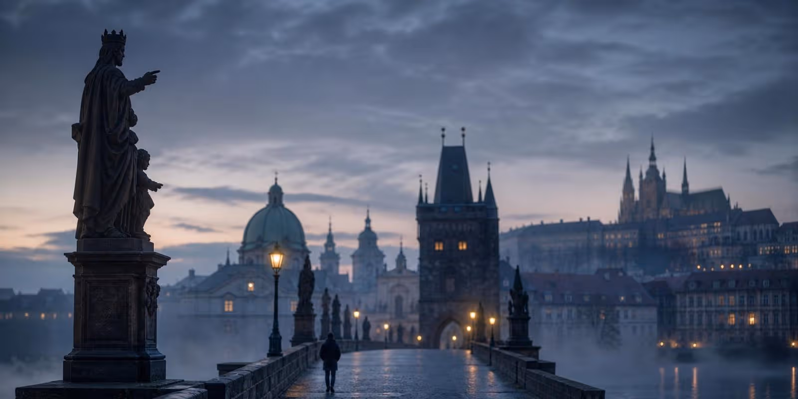 Karlsbruecke im Morgennebel mit Statuen und der Prager Burg im Hintergrund.