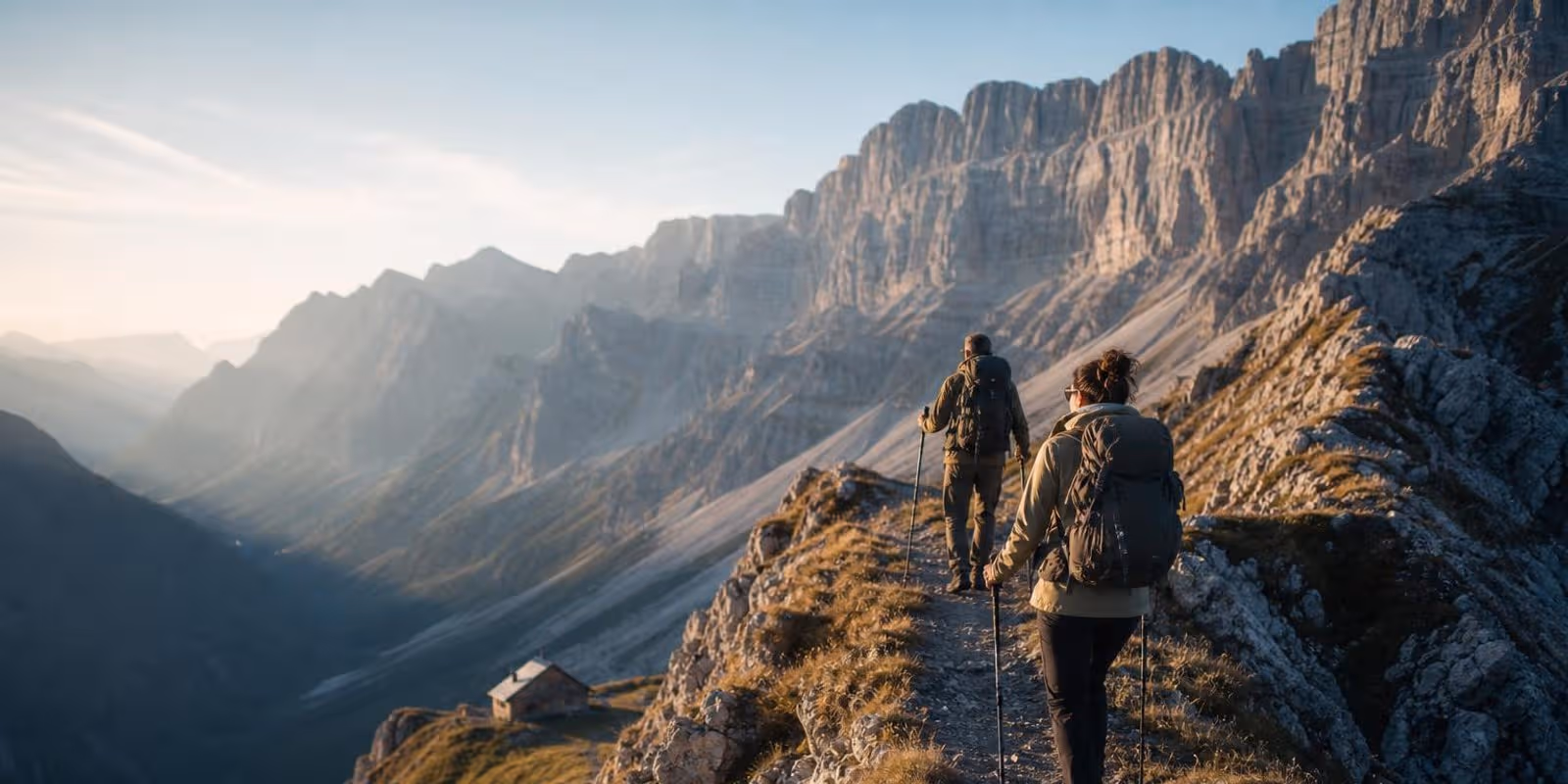 Zwei Wanderer gehen auf einem schmalen Gratweg hoch ueber einem Tiroler Tal vor Kalkwaenden.