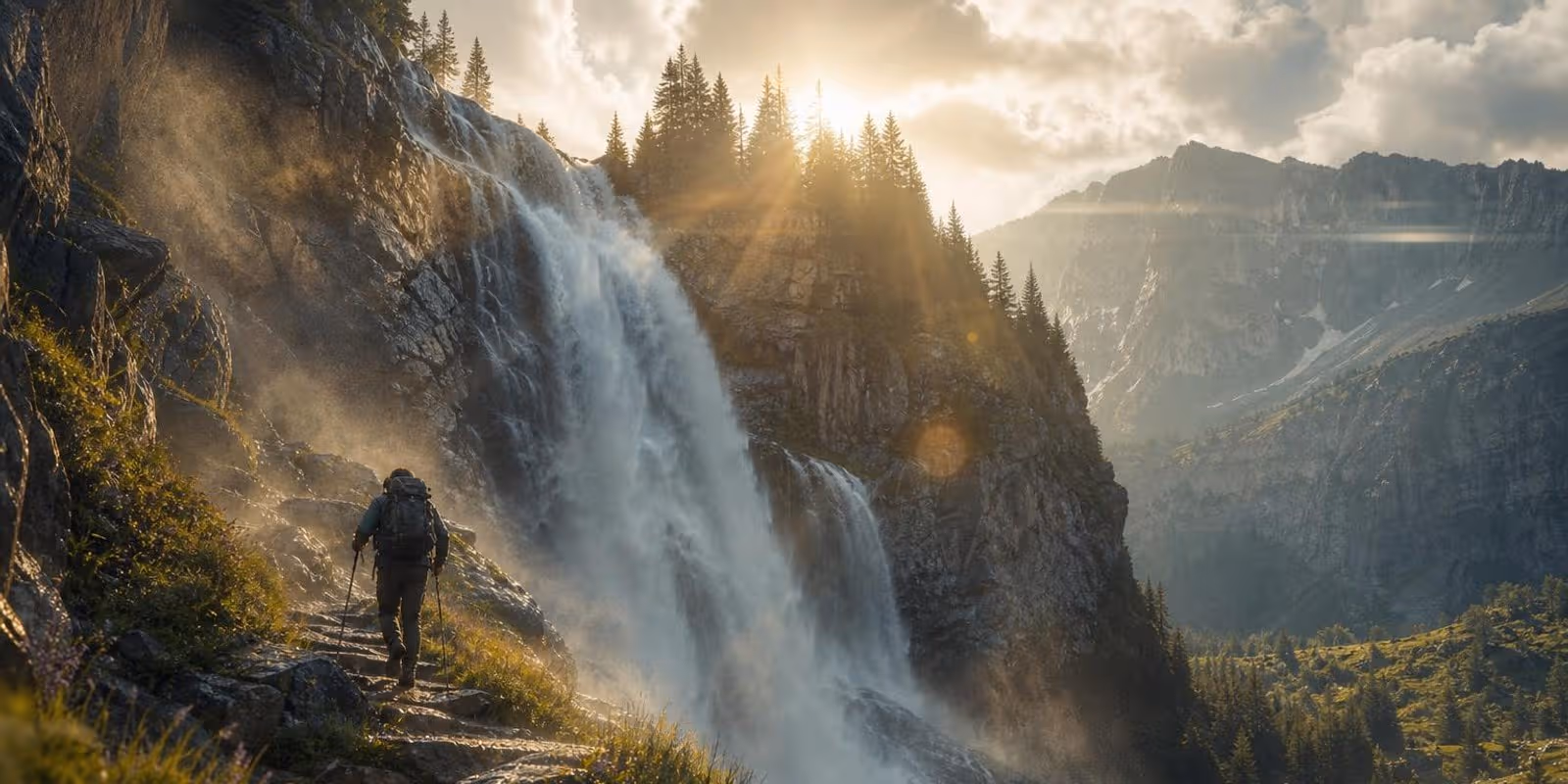Hoher Wasserfall stuerzt in ein weites Alpental, ein Wanderer geht im Spruehnebel den Weg hinauf.