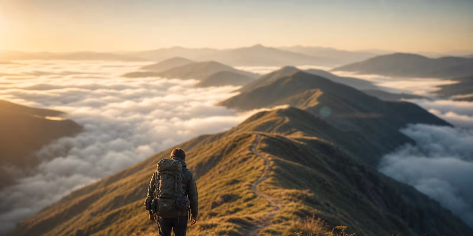 Wanderer mit grossem Rucksack auf einem Gratweg, der sich weit ueber mehrere Gipfel fortsetzt.