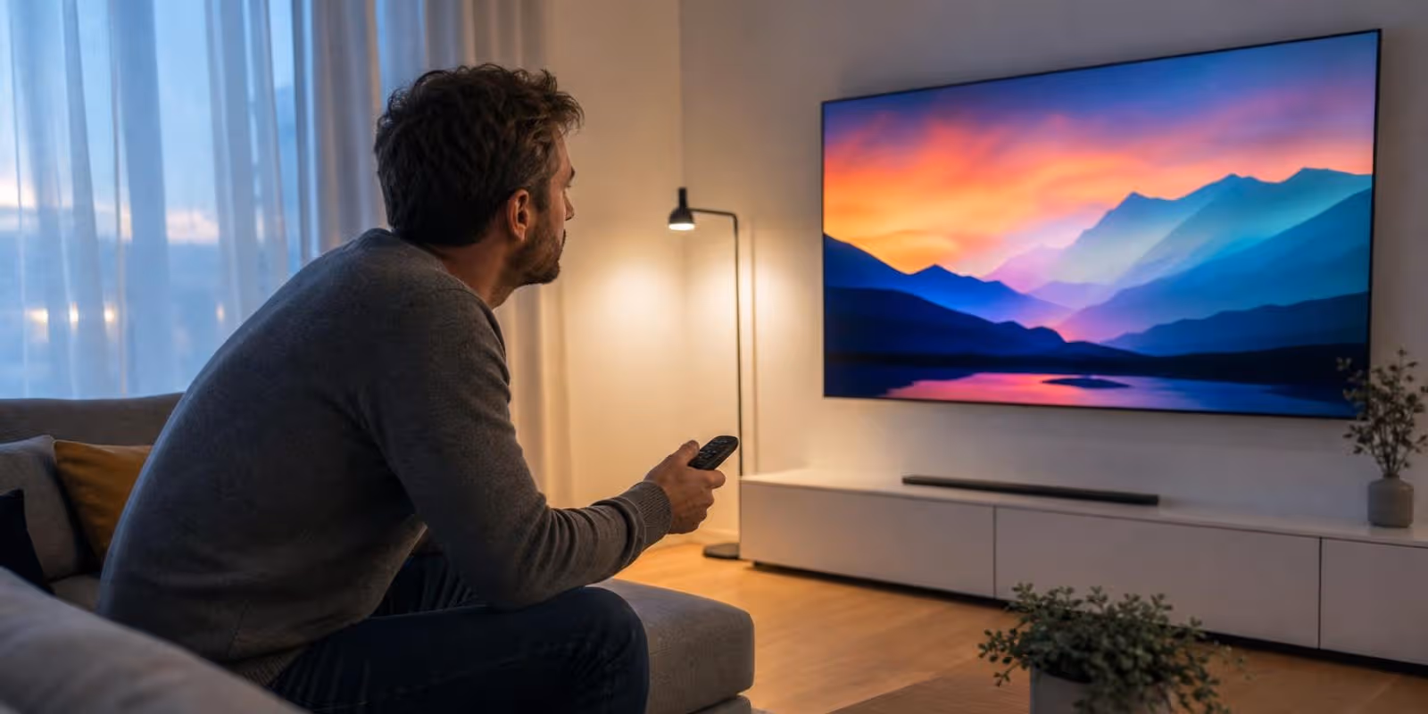 Mann justiert mit der Fernbedienung das Bild seines grossen Fernsehers im Wohnzimmer.