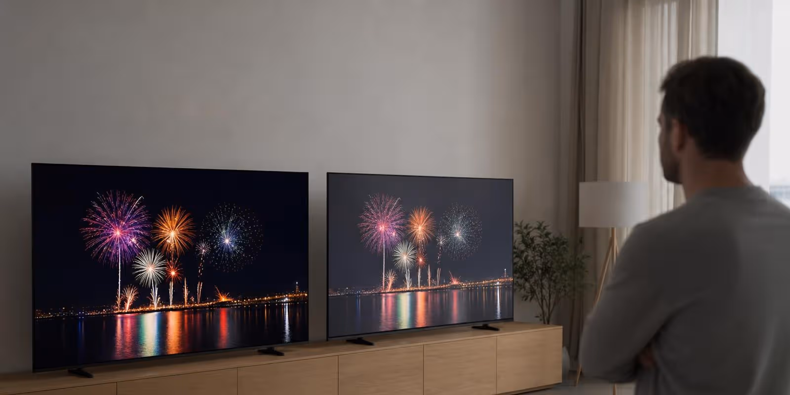 Zwei Fernseher zeigen im dunklen Raum dasselbe Bild mit sichtbar unterschiedlichem Schwarz.