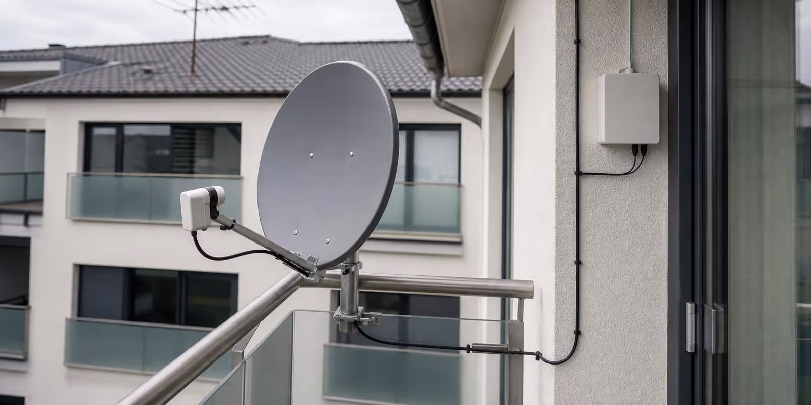 Satellitenschuessel am Balkongelaender mit Koaxkabel zur Wand, im Hintergrund eine Dachantenne.