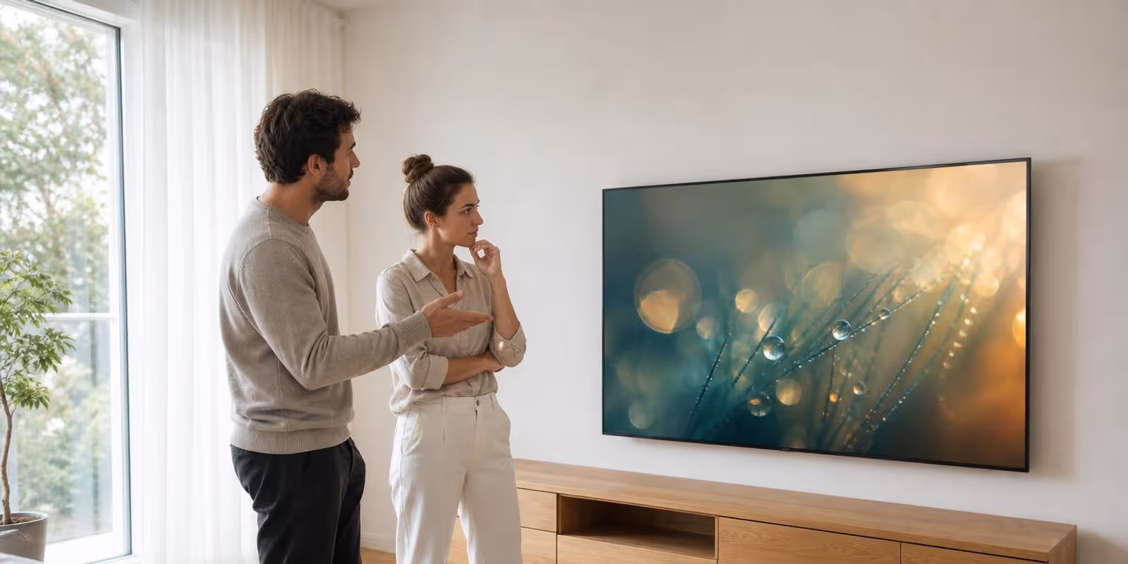 Paar steht ueberlegend vor einem grossen Fernseher im Wohnzimmer.