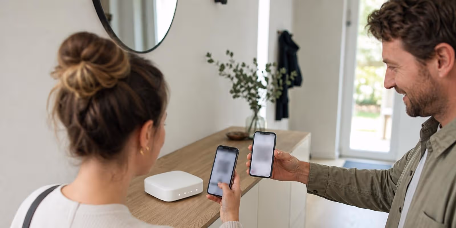 Gastgeber haelt einer Besucherin das Smartphone zum Verbinden hin, daneben leuchtet der Router.