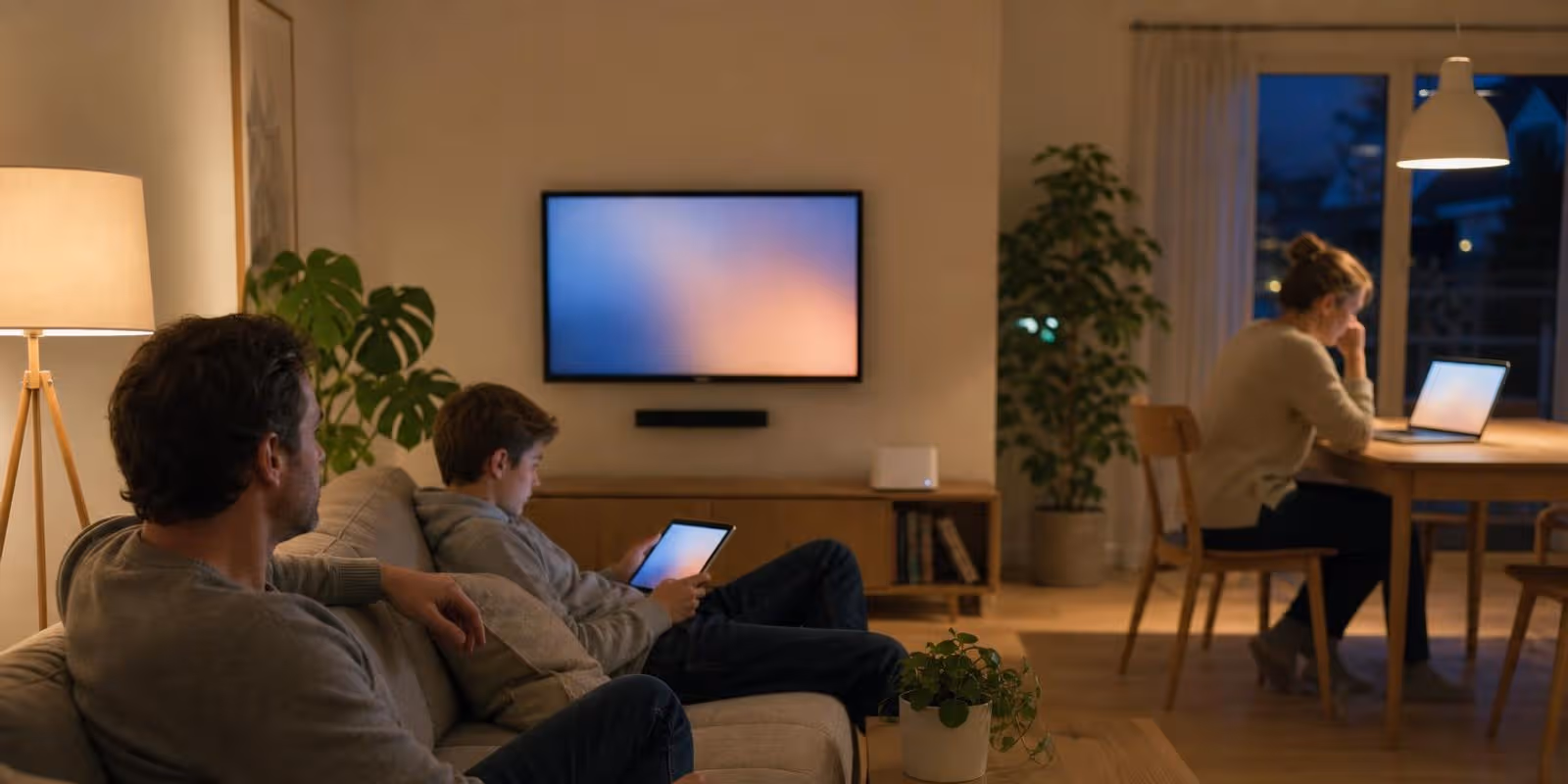 Abends im Wohnzimmer laufen Fernseher, Laptop-Videocall und Tablet gleichzeitig, der Router steht im Regal.