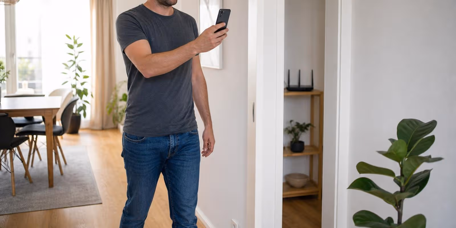 Mann geht mit dem Smartphone durch die Wohnung und prueft Raum fuer Raum das WLAN.
