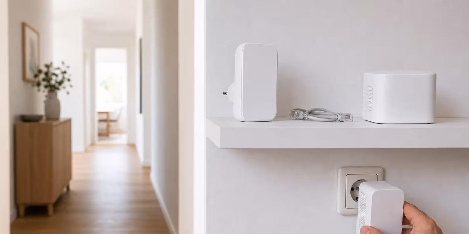 Eine Hand steckt einen Powerline-Adapter in die Flursteckdose, darueber stehen Repeater und Mesh-Knoten.