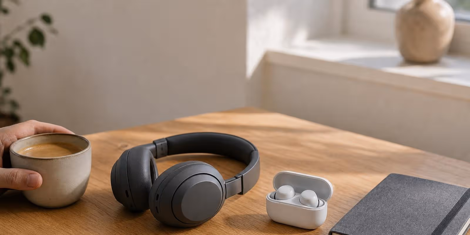 Over-Ear-Kopfhoerer und In-Ear-Stoepsel mit Ladecase liegen nebeneinander auf dem Schreibtisch.
