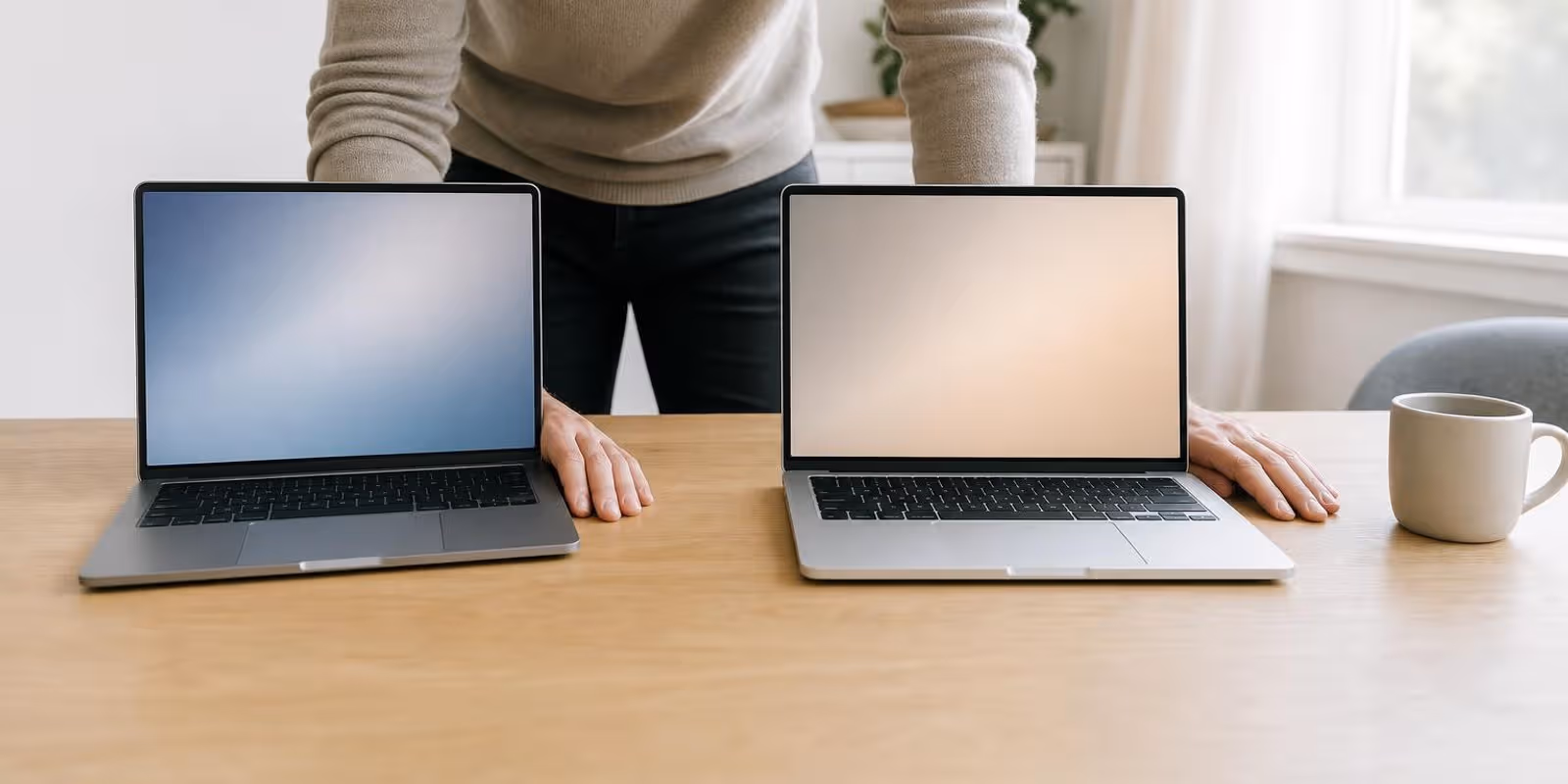 Zwei aufgeklappte Laptops stehen zum Vergleich nebeneinander, eine Person prueft beide.