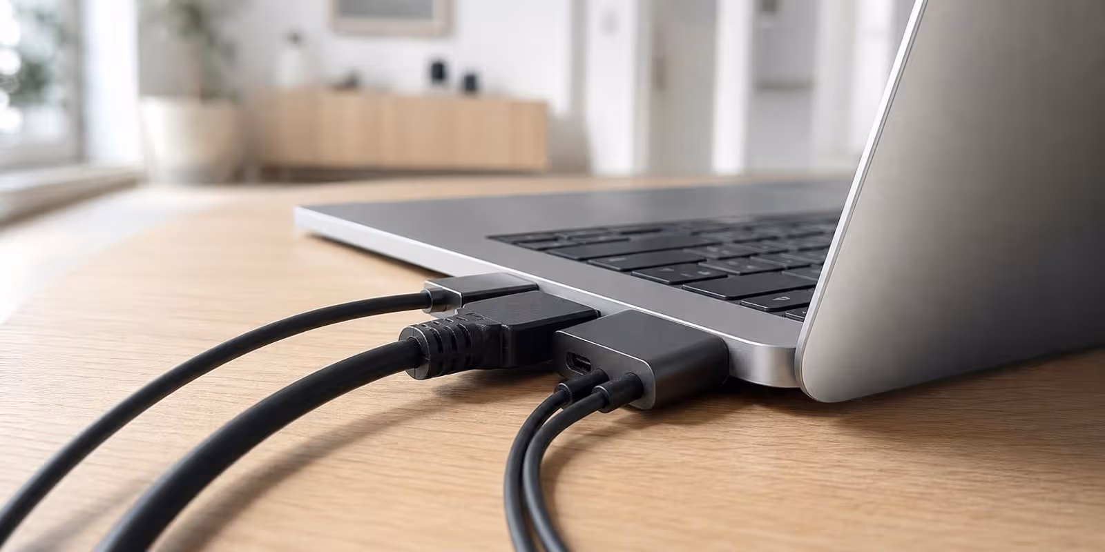 Nahaufnahme der Anschlussseite eines Laptops mit mehreren Kabeln und einem kleinen Adapter.