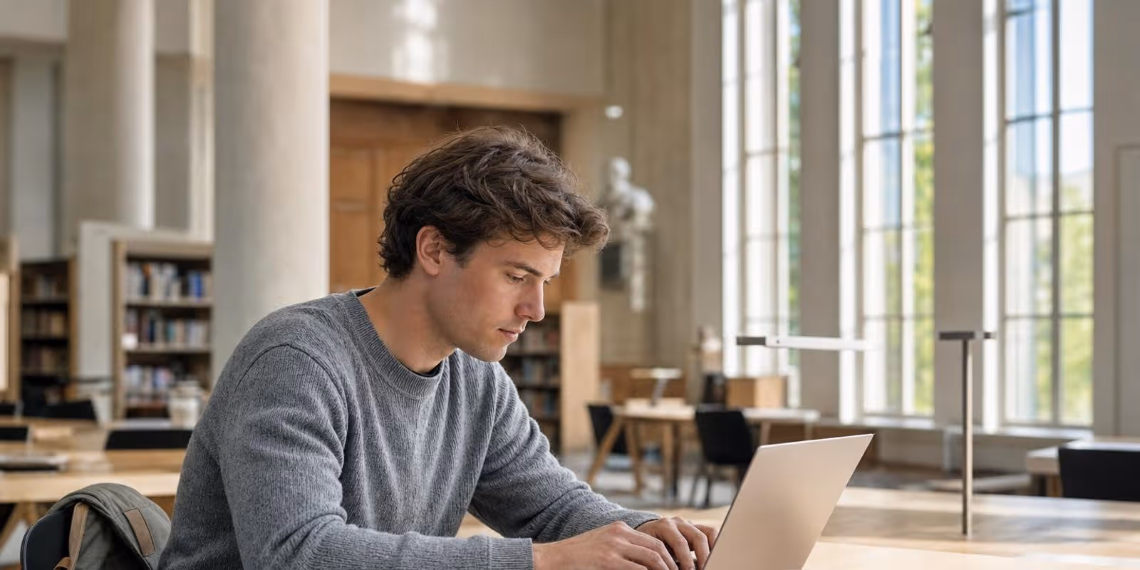 Eine Studentin arbeitet in der Bibliothek an einem leichten Laptop ohne Ladekabel, daneben Notizen und Kaffee.