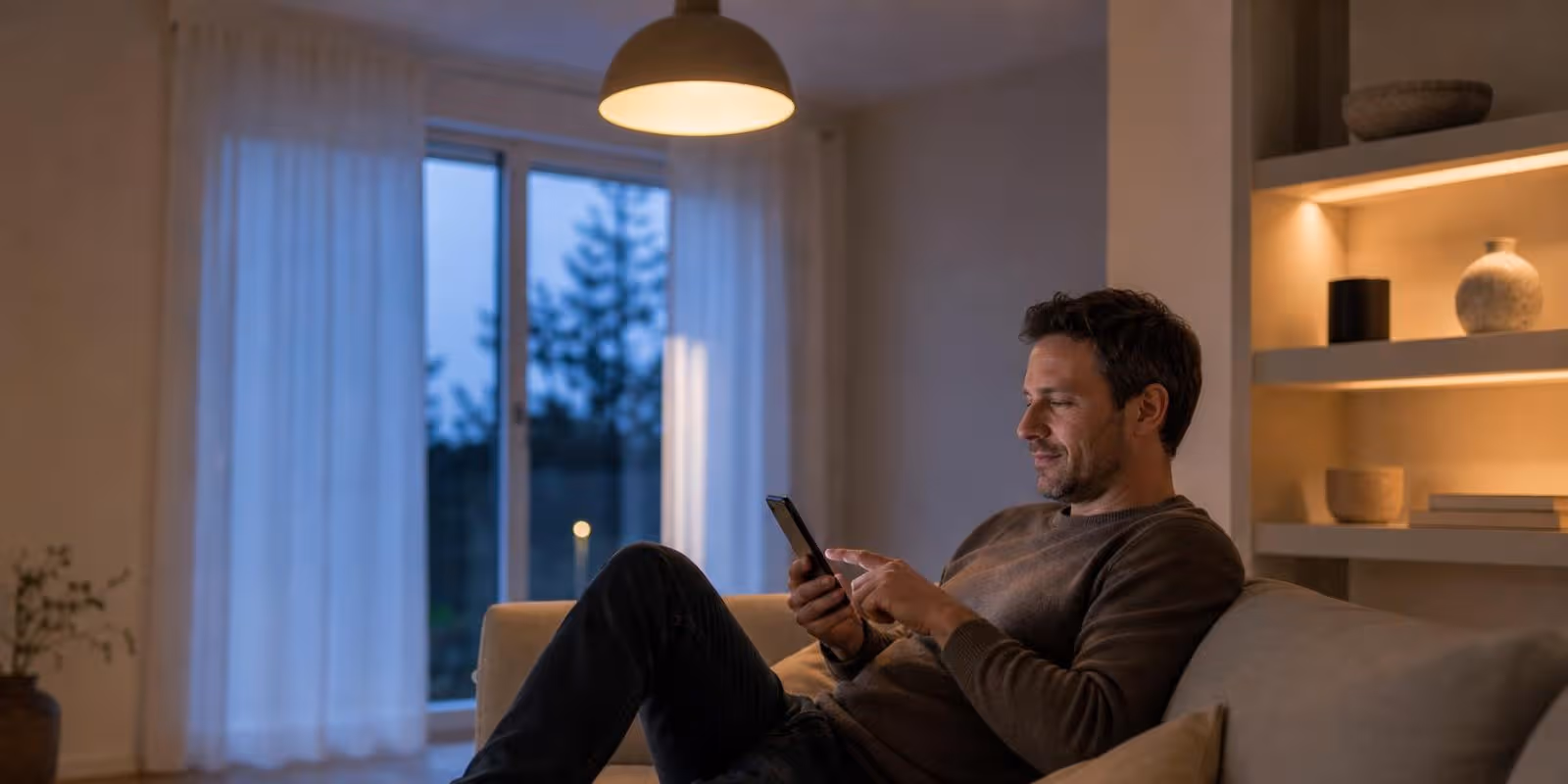 Mann dimmt vom Sofa aus per Smartphone das warme Licht im Wohnzimmer.