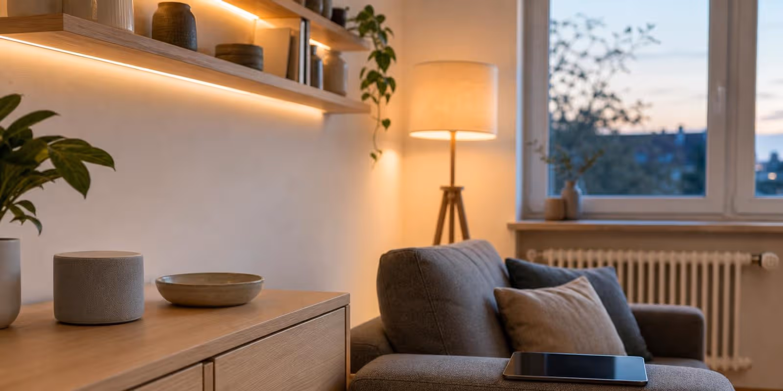 Wohnzimmer am Abend mit warmem smartem Licht, Lautsprecher und Thermostat.