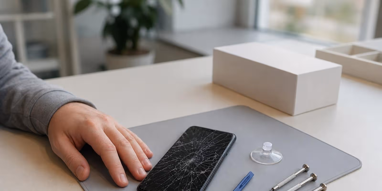 Smartphone mit zersprungenem Display liegt auf der Reparaturmatte neben Werkzeug, daneben ein Karton.