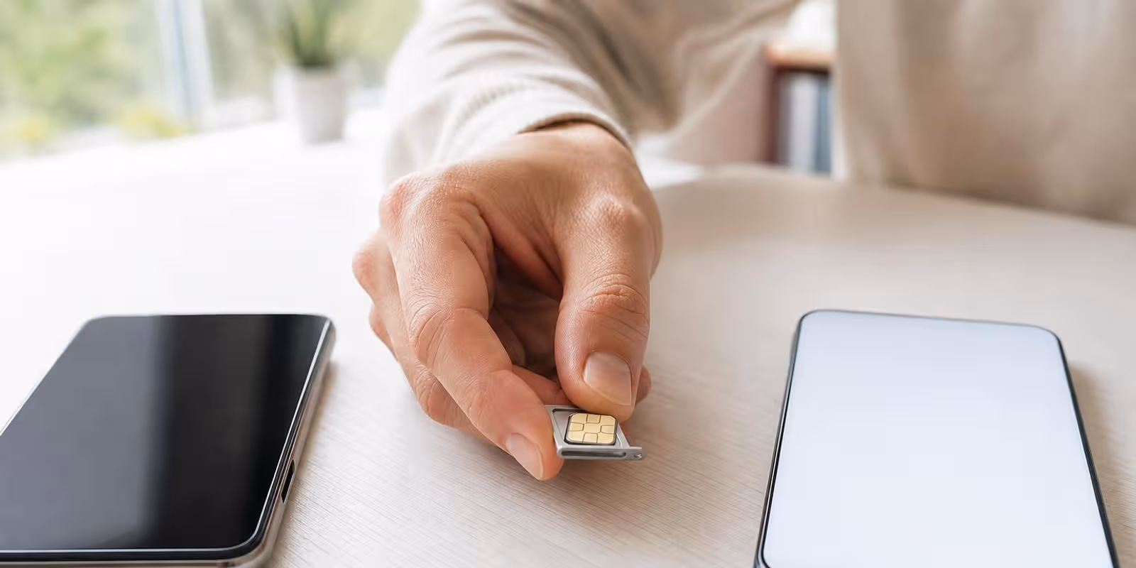 Hand haelt einen SIM-Schlitten mit winziger Karte neben zwei Smartphones auf dem Schreibtisch.