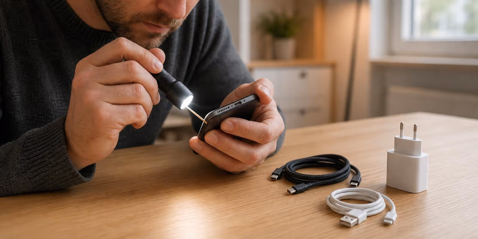 Person leuchtet mit einer kleinen Lampe in die Ladebuchse eines Smartphones, daneben liegen Kabel zum Testen.