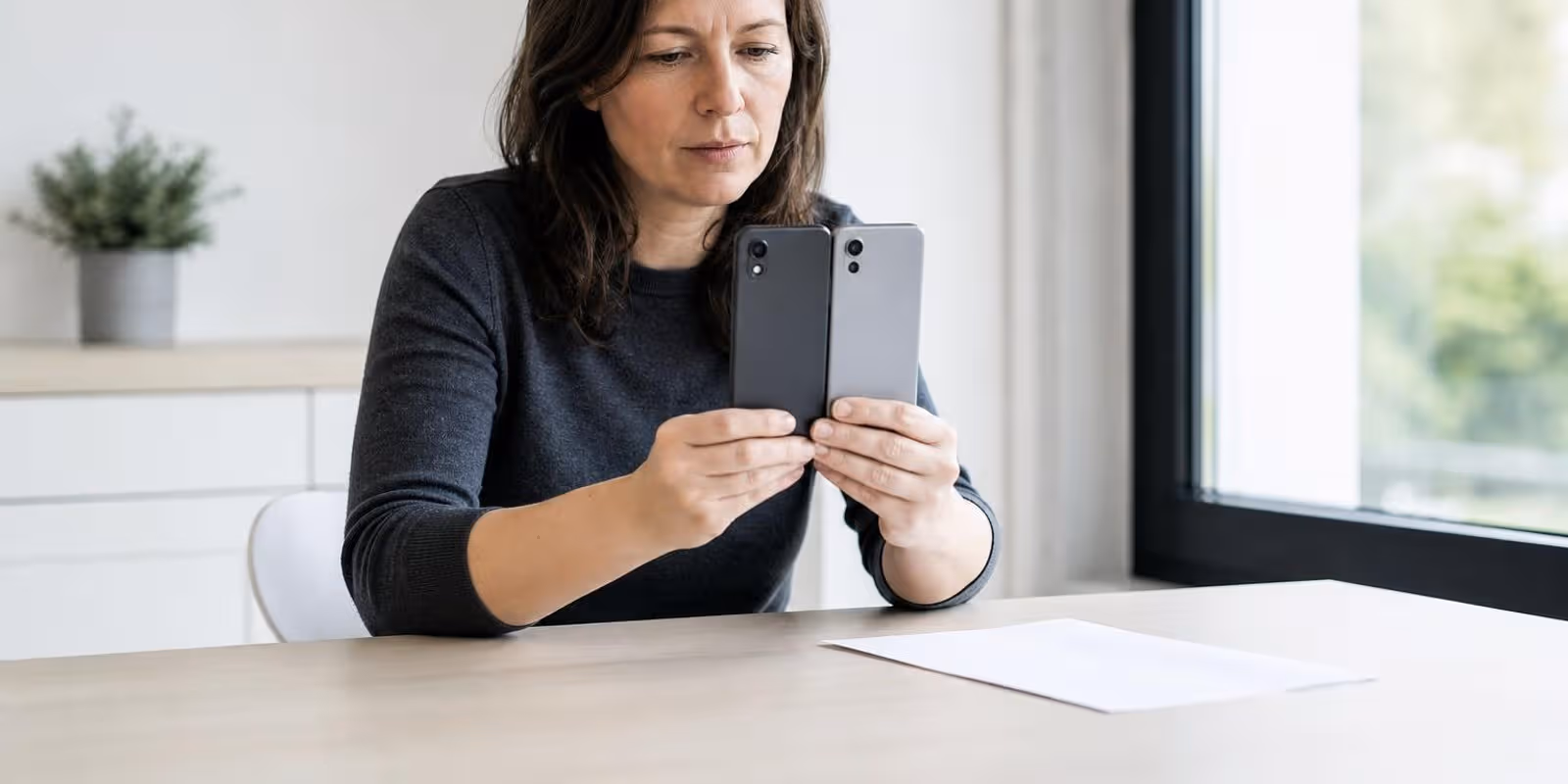 Frau vergleicht zwei Smartphones nebeneinander in ihren Haenden.