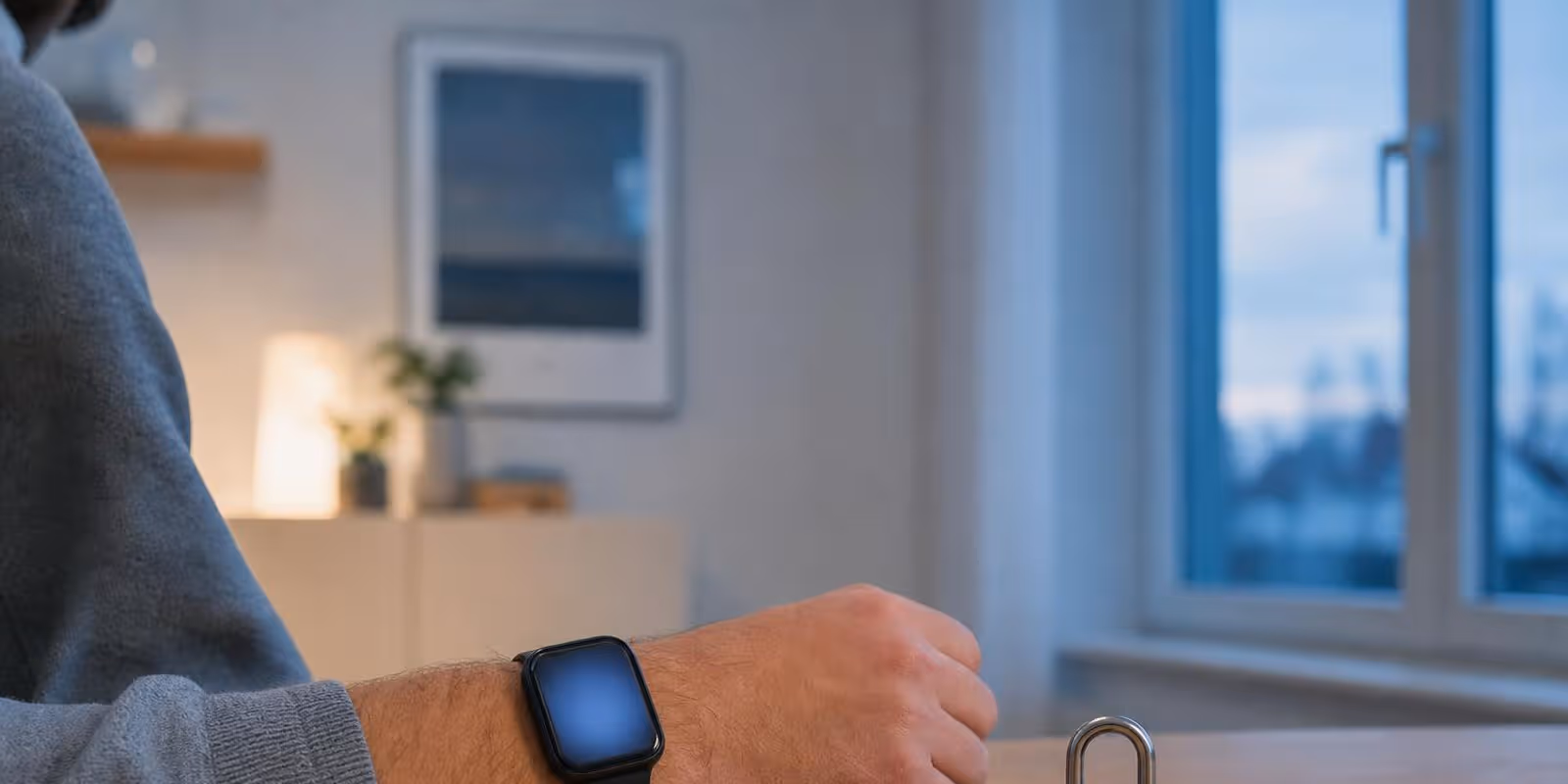 Smartwatch mit unlesbarem Display neben Vorhaengeschloss und Smartphone auf einem Schreibtisch.